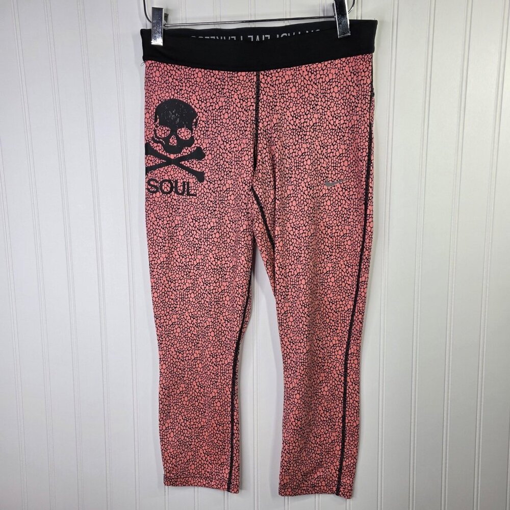 Nike SoulCycle Leggings Womens Small Pink Print Dri-FIT Capri Skull Animal Print